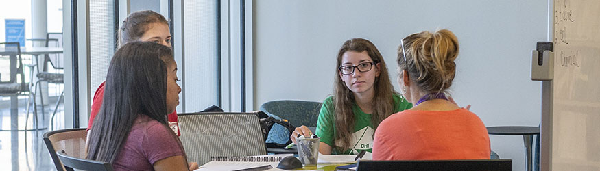 photo of a tutor and students at a table