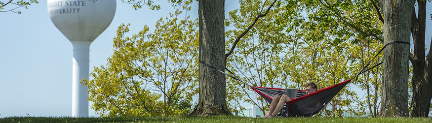 photo of a student using a laptop in a hammock on campus 