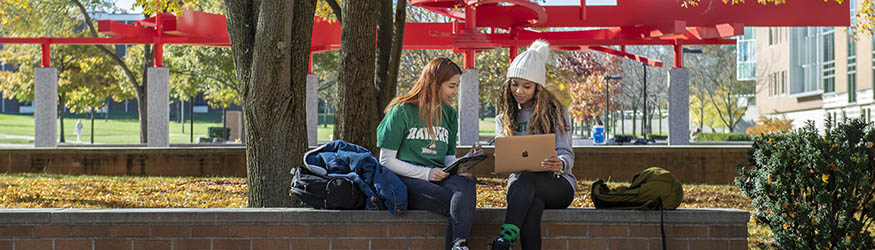 photo of two students sitting outside on campus