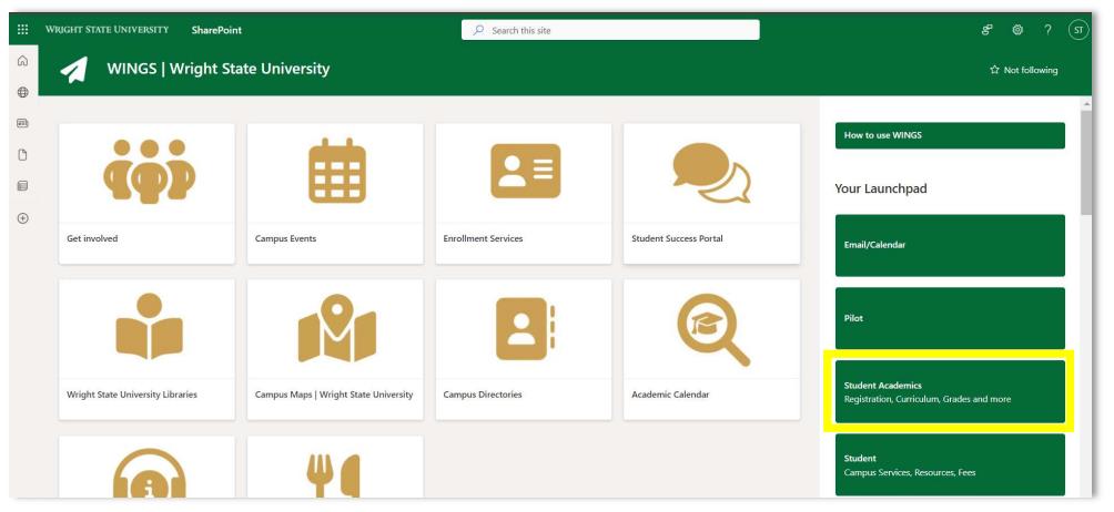 Screen shot of WINGS with Student Academics menu item highlighted.