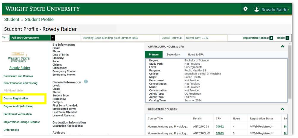 Screen shot of WINGS with Course Registration menu item highlighted.