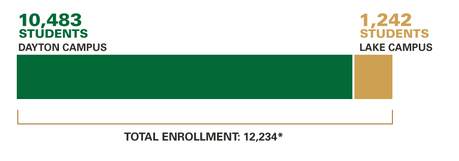 Enrollment, Fall 2019: Dayton Campus: 12,080; Lake Campus: 1,248; Total Enrollment: 13,742