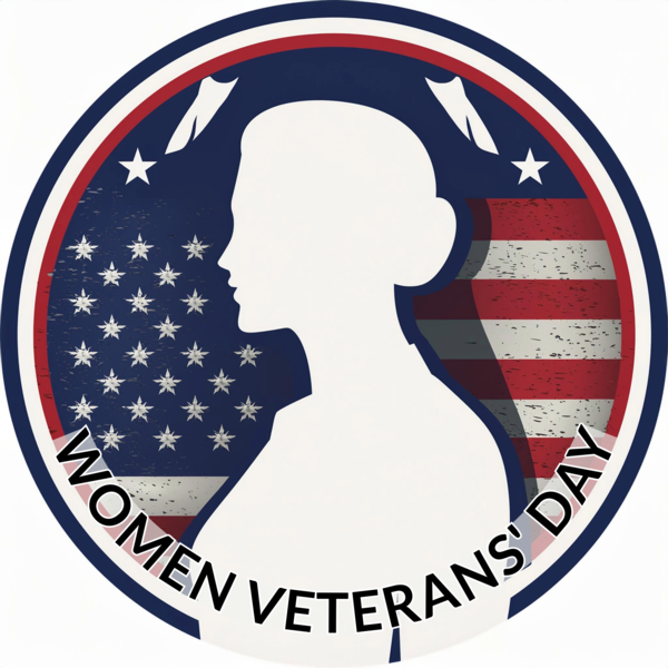 Badge with red white and blue background and a white silhouette of a female veteran with the words Women Veterans' Day in black curved along bottom