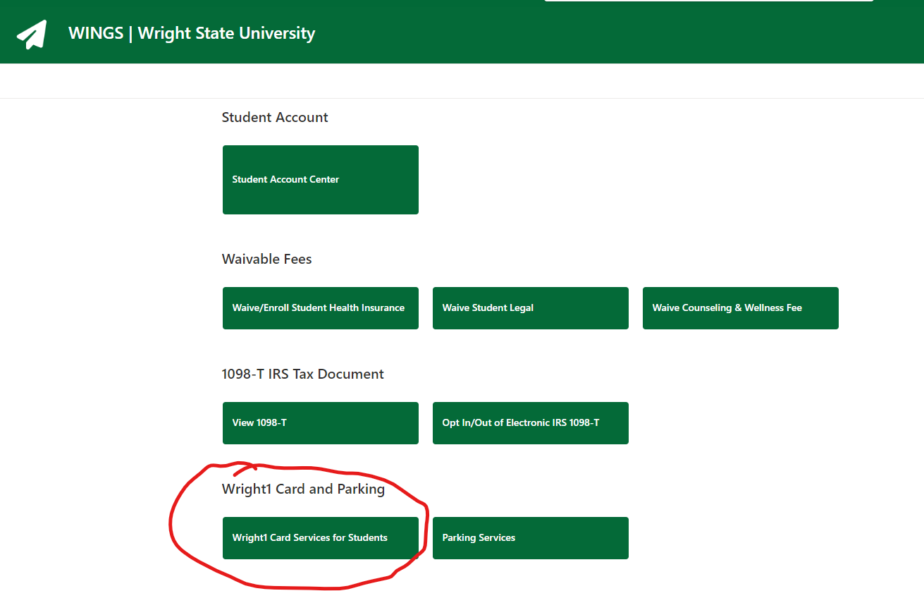 screenshot of the student accounts page in wings with the wright1 card and parking block circled